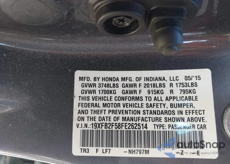 2015 Honda Civic Lx z USA, uszkodzony, nr VIN 19XFB2F58FE262514
